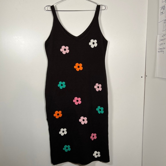 H&M Black Floral Knit Sweater Dress Sleeveless V-Neck Midi XL Colorful & Quirky - Picture 5 of 7